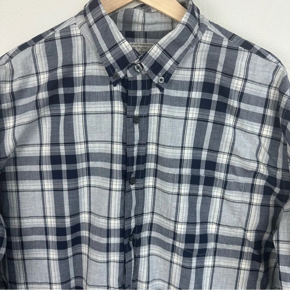 J.Crew Mens XL Plaid Button Down Shirt Navy Blue Grey Tailored 100% Cotton L/S